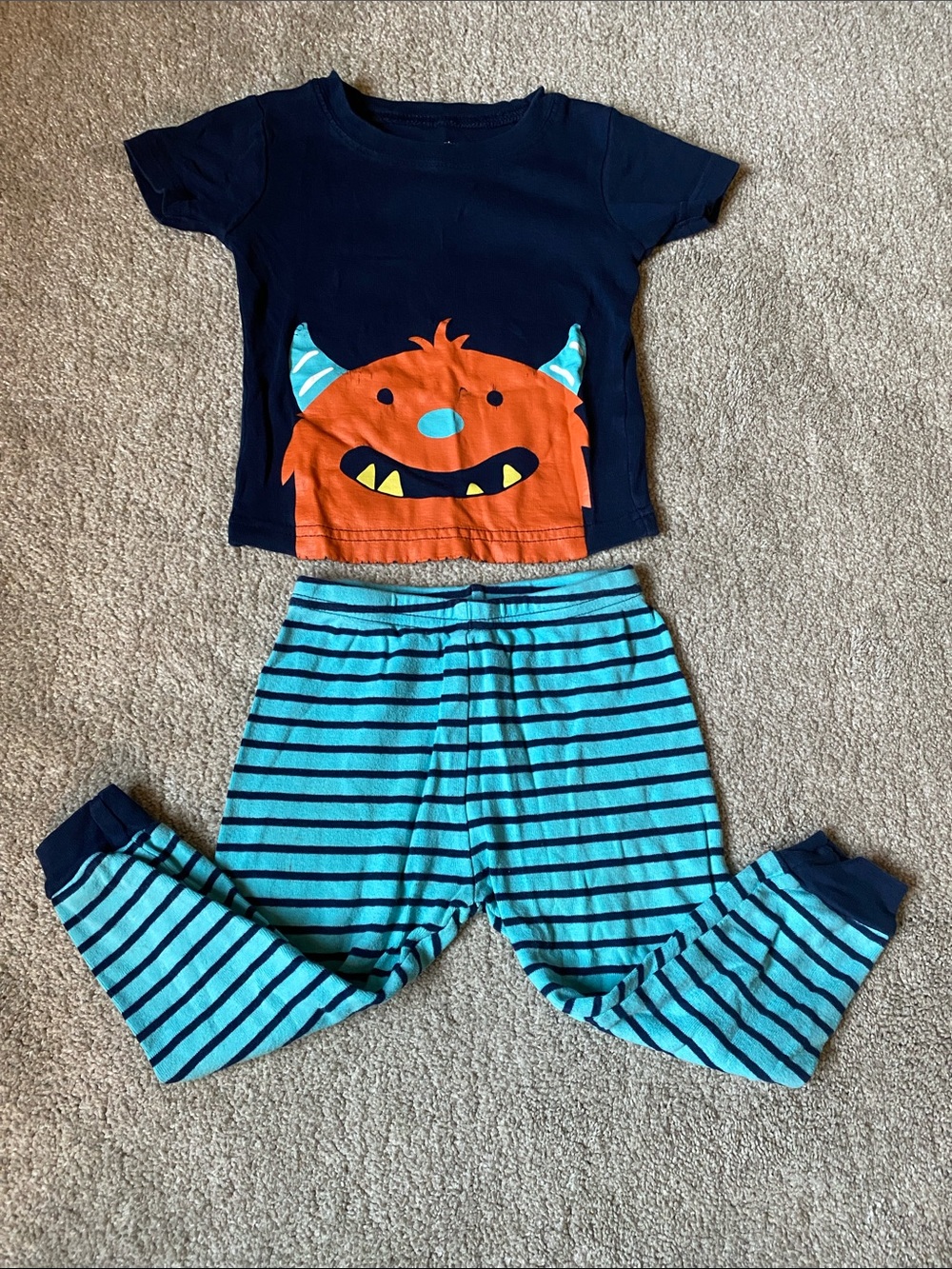 Carter’s 18 Month Kids Navy & Orange Monster Pajama Set with Blue Striped Pants